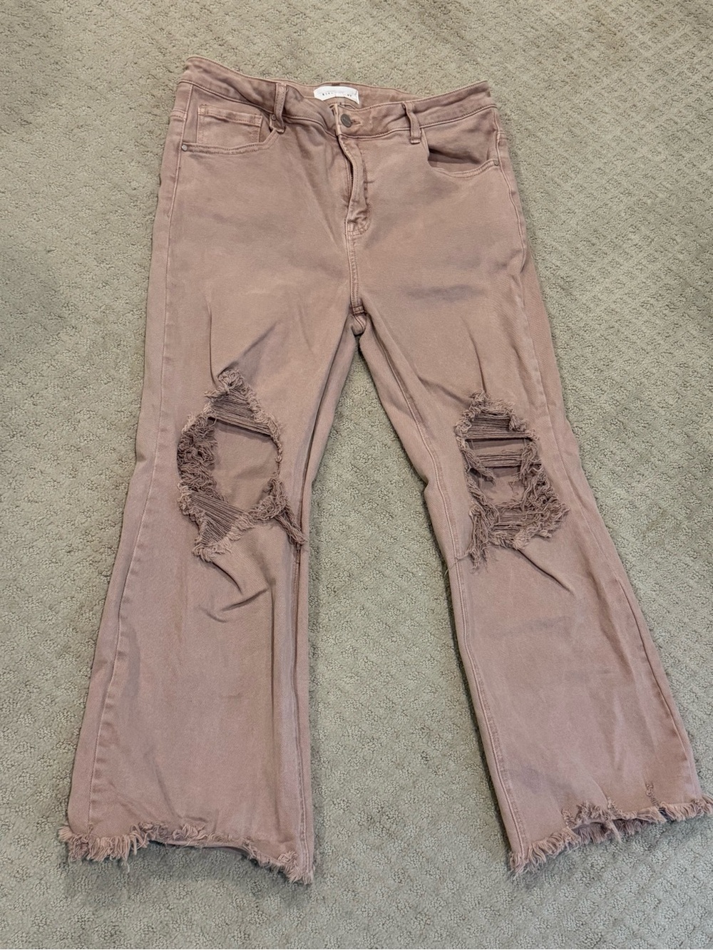 Risen Mauve Distressed Flare Jeans with Frayed Hem